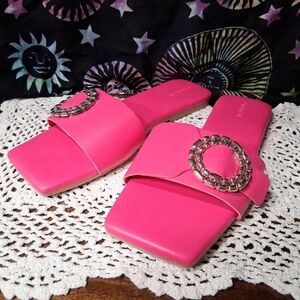 Open Edit Lely Slides Sandals Pink Silver Buckle Square Toe Size 9 Flip Flops